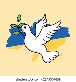 Cartoon dove of peace on the background of Ukraine. Dove isolated vector. Flat cartoon style