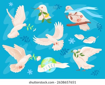Cartoon dove of peace. White pigeon flying bird with olive branch in blue sky, international world day freedom concept volunteer holy wedding love symbol, neat vector illustration original artwork