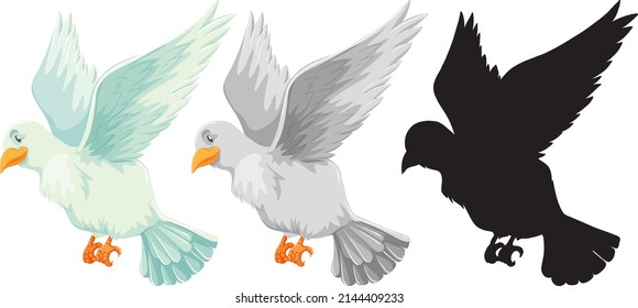Cartoon dove and its silhouette illustration