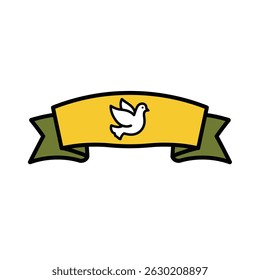 Cartoon dove symbol on yellow ribbon with olive green edges representing peace or harmony
