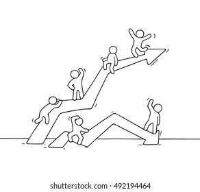 Cartoon up and down diagram with working little people. Doodle cute miniature teamwork. Hand drawn vector illustration for business an financial design.