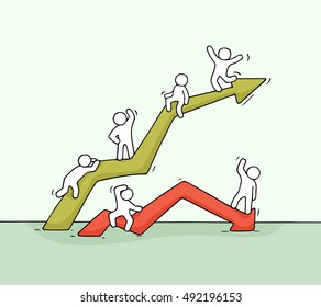 Cartoon up and down diagram with working little people. Doodle cute miniature teamwork. Hand drawn vector illustration for business an financial design.