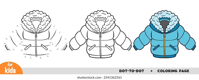 Cartoon down jacket, education dot to dot game for children. Winter activity worksheet