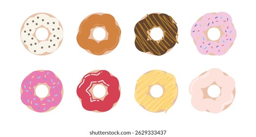 Cartoon dozen of donuts sticker pack with classic flavors. Cute and simple doughnut for icons and branding. Chocolate and strawberry. High quality vector set of 12 desserts. EPS 10.