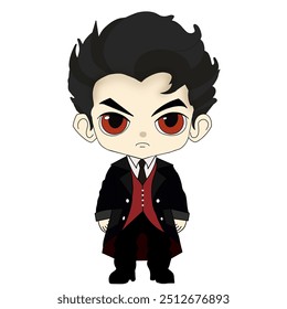 Niño de dracula de dibujos animados sobre fondo blanco. Lindo Dracula de dibujos animados con capa negra y roja. El personaje de Funny Vampire levantó las manos. Feliz Halloween. Ilustración vectorial