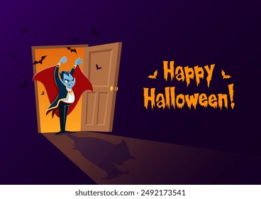 Cartoon Dracula character for Happy Halloween banner with scary bats, vector background. Halloween holiday and trick or treat party Dracula in opened door with vampire bat shadow on floor