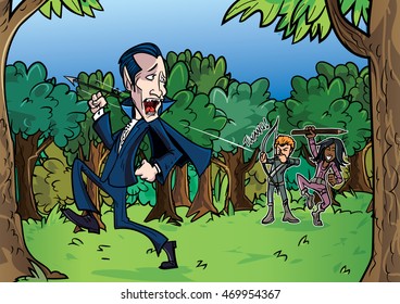 Cartoon Dracula chased by vampire hunters through forest