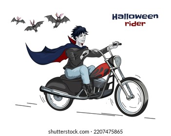 Cartoon Dracula On Motorcycle. Halloween Biker Vampire. Cute Monster Rider. October Party Clipart. Gothic Monster Drive Motorbike. Vector Illustration