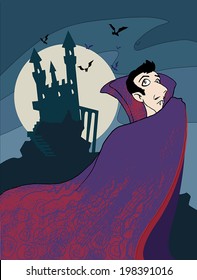 cartoon Dracula vampire, with a castle in a background, vector illustration