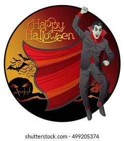 Vetor Drácula do desenho animado. Plano de fundo de Halloween