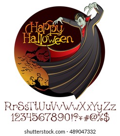 Cartoon Dracula vector. Halloween font set. 