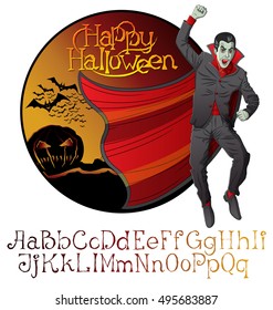 Cartoon Dracula vector. Halloween font set. Vampire Dracula Halloween. Halloween background