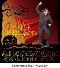 Cartoon Dracula vector. Halloween font set. 