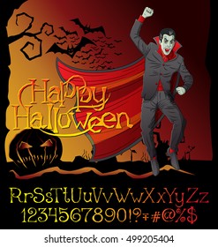 Cartoon Dracula vector. Halloween font set. 