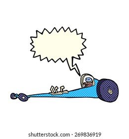cartoon drag racer with speech bubble
