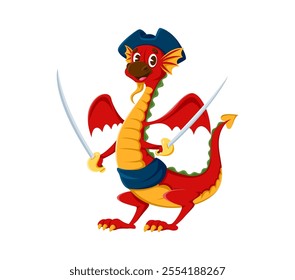 Cartoon dragon animal pirate and corsair character dressed in blue tricorn hat and sash, holding two swords confidently and exudes fun and mischief, capturing the adventurous spirit of pirate tales