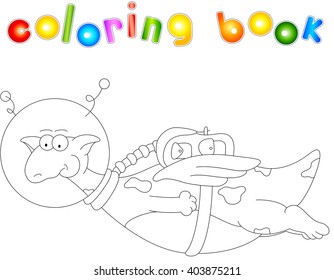 Cartoon dragon astronaut. Coloring book for kids isolated on white