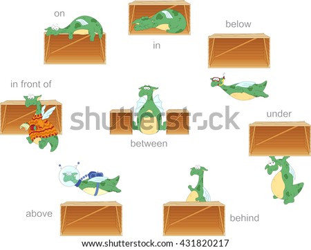 Cartoon dragon and box. English grammar in pictures for students, pupils and preschoolers