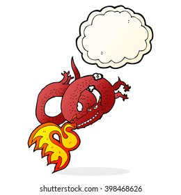 cartoon dragon breathing fire with thought bubble