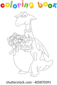 Cartoon dragon with a cake and flowers. Coloring book for kids isolated on white