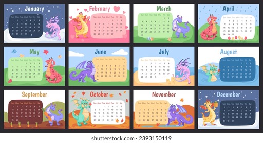 Cartoon dragon calendar. Wall calendars cute funny dragons content, chinese zodiac 2024 year symbol poster print template, happy monster animal character vector illustration of cartoon calendar design