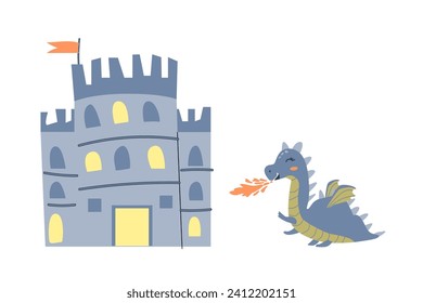 cartoon dragon and castle - fairy design elements. Vector illustration isolated. Can used for poster, postcard. Cartoon animal character with castle. 