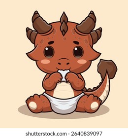 Cartoon dragon character in diapers is depicted sitting and eating a small snack. The dragon has a cute and chibi style, with large eyes and a happy expression. The color palette is earth tones