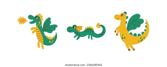 Cartoon dragon childish set. Collection of hand drawn cute dragons with green and yellow colors for kids. Vector illustration