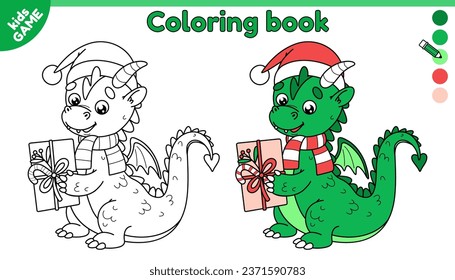 Cartoon dragon in Christmas red santa claus hat. Page of coloring book for children with holiday dragon with a gift in paws. Color outline picture. Vector kids illustration of symbol of the new year.