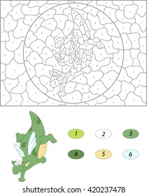 Cartoon dragon dances on the floor. Color by number educational game for kids. Illustration for schoolchild and preschool