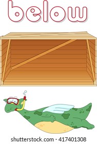 Cartoon dragon diver floats below the box. English grammar in pictures for students, pupils and preschoolers
