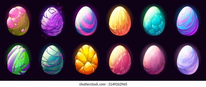 Cartoon dragon eggs with different eggshell textures isolated set, Fairy tale ui game assets, strange dinosaurs, reptiles, birds, monsters or Easter colorful ovum design elements, Vector illustration