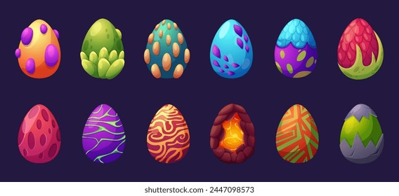 Cartoon dragon eggs. Fantasy egg with fire, mythology character reptile eggshell. Magical game elements, decorative fiery nowaday vector set