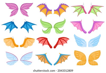 Cartoon dragon fairy tail dragon fairy birds creatures wings. Magical legends animals or creatures flying wing vector illustration set. Fantasy characters wings dinosaur or reptile flying