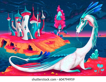 Cartoon dragon in a fantasy world. Vector illustration