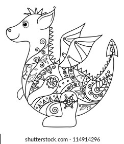 Cartoon Dragon with a floral pattern. Symbol of holiday East New year, black contour on white background. Vector