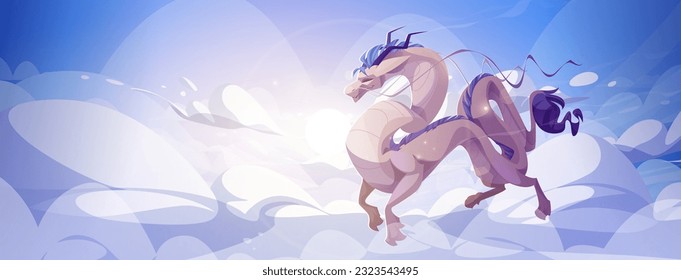 Cartoon dragon flying above clouds. Vector illustration of fantastic creature with long tail, blue mane and horns, clawed paws against heavenly cloudscape background. Traditional asian mascot animal