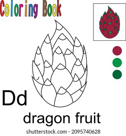 Cartoon Dragon fruit. Coloring book with a fruit theme. Vector illustration graphic. Good for children to learn and color. 