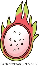 Una caricatura de una fruta de dragón cortada por la mitad.