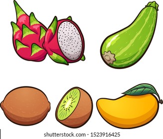 Cartoon dragon fruit, kiwi, zucchini, and mango clip art. Vector illustration with simple gradients. Each on a separate layer.
