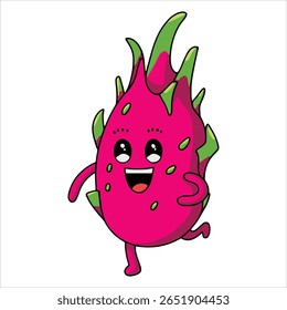 Cartoon dragon fruit mascot character cute illustration, ideal for food packaging and advertising visuals.