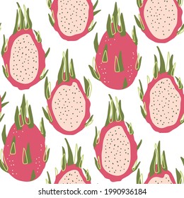 Cartoon dragon fruit summer fruit seamless pattern background. Cute sweet pitaya food fresh nature kids wallpaper design. Vector print graphic illustration.