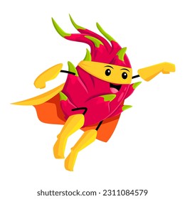Cartoon dragon fruit superhero defender character flying high with powerful punch. Smiling tropical pitahaya juicy fruit wear mask and cape soaring through the sky ready to save the day