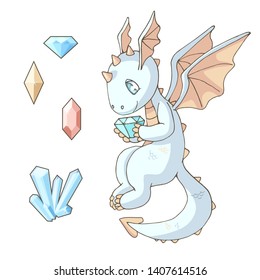 Сute cartoon dragon with a gemstone and various crystals. Isolated objects on white background. Decor elements for gift card and kids products. Vector illustration. Light pastel сolor palette.