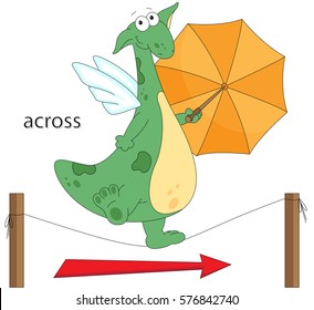 Cartoon dragon goes across the rope with umbrella in his hands. English grammar in pictures. Prepositions of Movement 