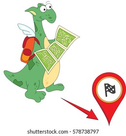Cartoon dragon goes to the finish with a map. English grammar in pictures. Prepositions of Movement