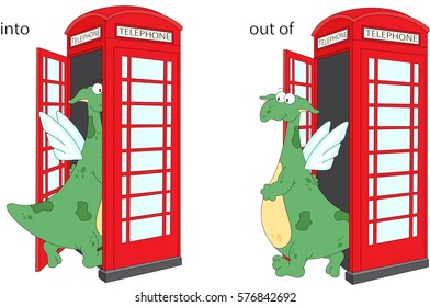 Cartoon dragon goes into and out of telephone box. English grammar in pictures. Prepositions of Movement 