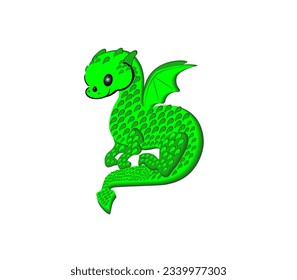 Cartoon dragon in green on a white background. Vector illustration