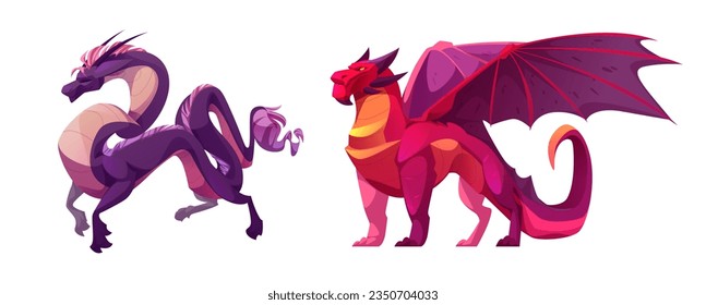 Dragón de dibujos animados y ataúd aislados en fondo blanco. Ilustración vectorial de criaturas fantásticas con cola larga, alas, hombres, cuernos, patas con garras. Fantasías mascotas animales. Personajes de juegos de aventura