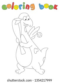 Cartoon dragon hits the ball with a baseball bat. Coloring book for kids. Digital illustration